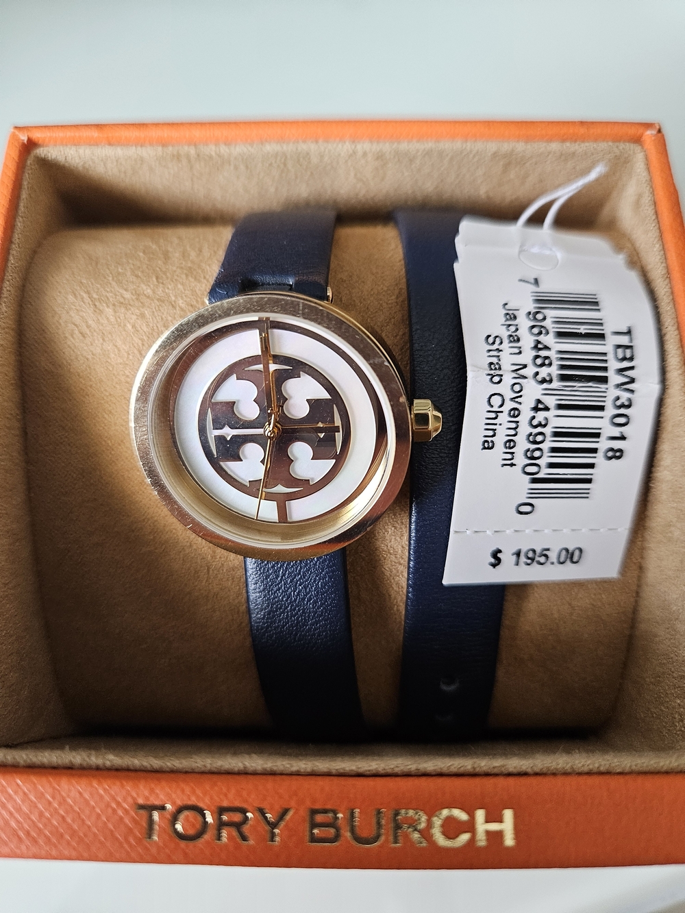 Tory Burch Reva Navy Leather Double-Wrap Watch with Gold Logo